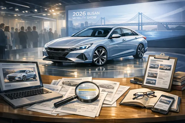 A dramatic, low-angle shot of the front of the 8th-generation 2027 Hyundai Elantra (Avante), emphasizing its sharp 'Art of Steel' lines, wide stance, and signature H-Edge LED dayti