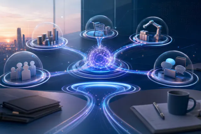 Conceptual illustration of SAP autonomous enterprise AI agents interacting with business workflows and cloud platforms