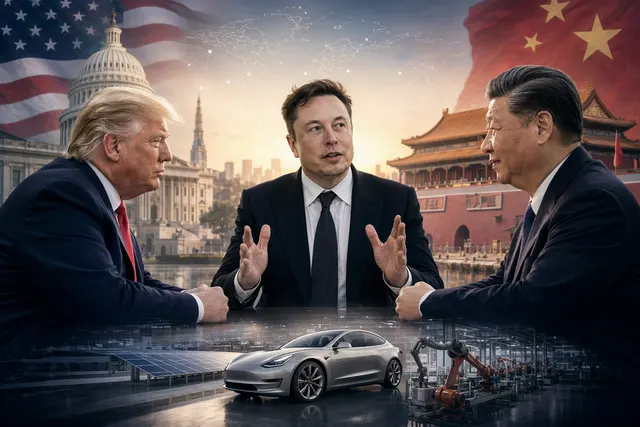 Elon Musk and global business leaders associated with U.S.–China trade discussions at a Beijing summit