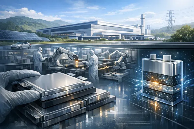 Illustration of a large-format solid-state battery cell representing ProLogium's Gen 3.5 lithium-ceramic battery entering mass production in Taiwan