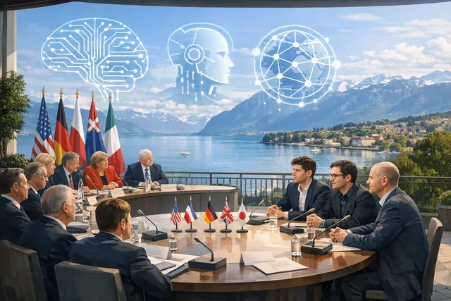 Three AI company CEOs sit at a large round table with world leaders at the G7 summit in Évian-les-Bains, discussing AI governance under a backdrop of international flags.