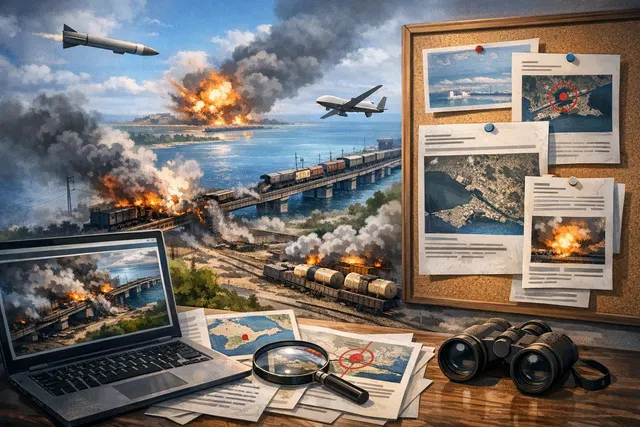 AI-generated illustration of a strategic bridge being struck in Crimea, symbolizing the severing of Russian supply lines