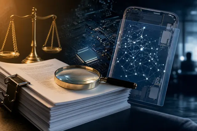 Editorial illustration representing Apple’s trade-secret lawsuit against OpenAI and alleged circuit-design evidence