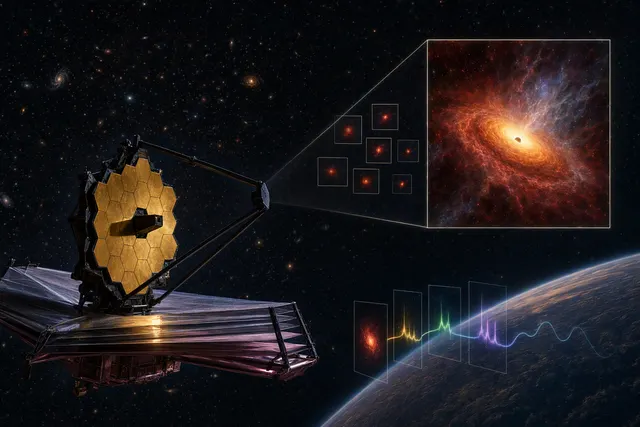 Editorial illustration of a luminous red compact object in the early universe, representing a JWST little red dot and its surrounding gas cocoon