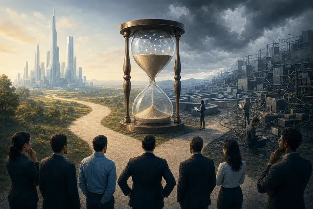 Editorial illustration representing the debate over pacing frontier artificial intelligence development