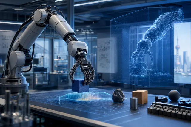 Editorial illustration of a force-tactile robot system performing laboratory manipulation