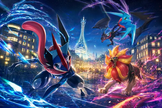 Pokémon TCG Mega Evolution—Chaos Rising themed artwork with Mega Greninja ex style card visuals