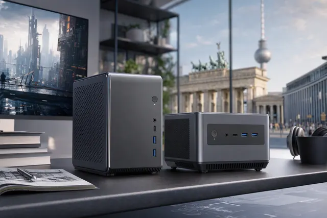 Editorial illustration of compact AI mini workstations with large unified-memory capacity
