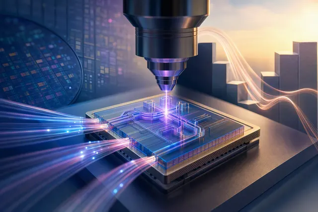 AI-generated editorial illustration accompanying a story about photonic chip packaging