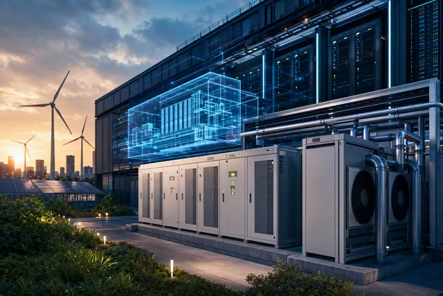 Illustration of battery storage and liquid-cooling infrastructure for an AI data center