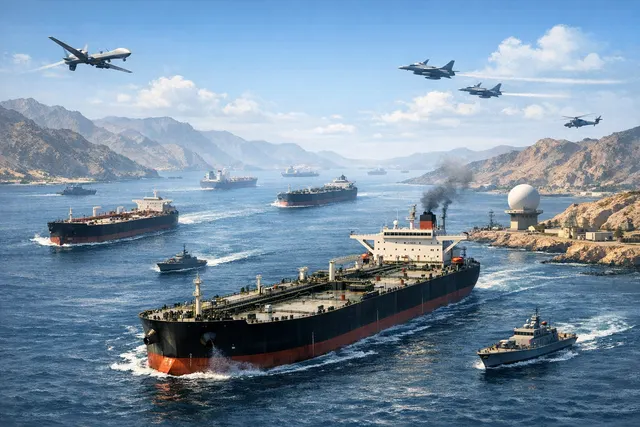 A satellite-style view of the Strait of Hormuz with oil tankers and cargo ships queued near the chokepoint, representing the surge and subsequent halt in traffic after the US-Iran