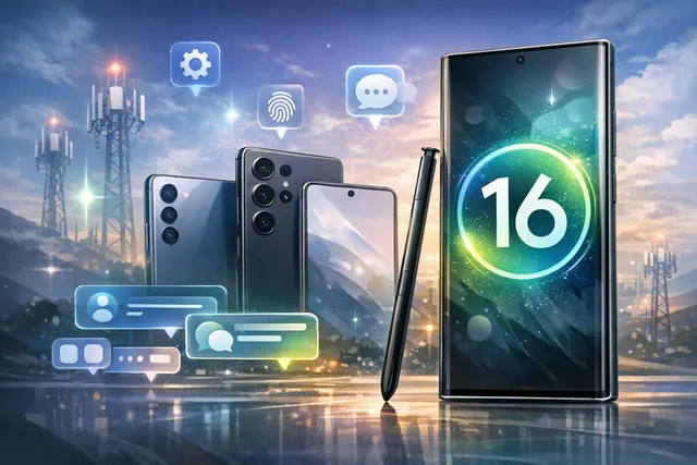 A variety of Samsung Galaxy budget and mid-range smartphones displaying new One UI 8.5 features like AI call screening and Quick Settings on their screens.
