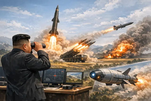 Artist's impression of a tactical missile launch with AI-driven guidance system, representing North Korea's new precision-strike capability.