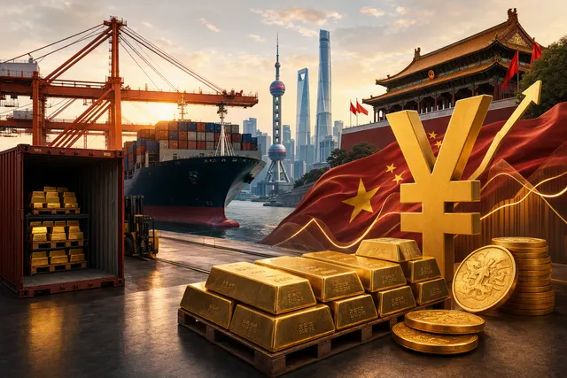AI-generated editorial illustration accompanying an article about China’s gold imports