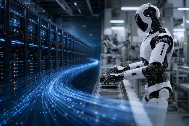 Editorial illustration of AI cloud infrastructure and humanoid robotics representing Nscale’s partnership with Figure