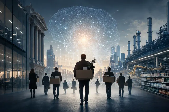 Illustration of office workers and digital automation representing AI-linked layoffs across industries