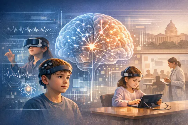 Abstract illustration of a child’s profile connected to brain-sensing earbuds, neural signals, and artificial intelligence