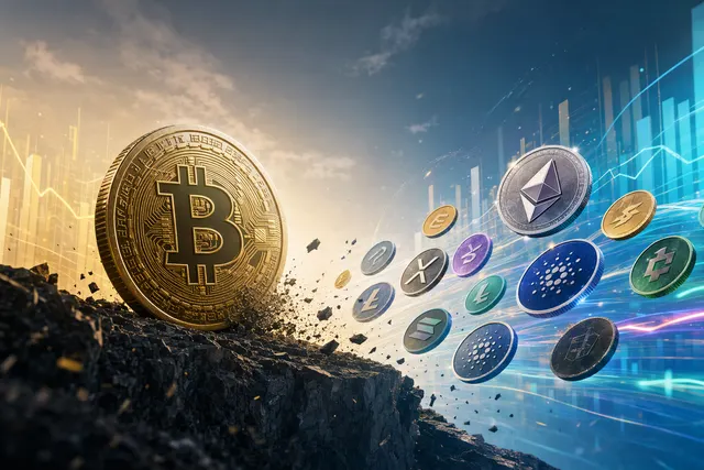 Illustration representing Bitcoin and altcoins as the crypto market weighs whether a broad altcoin season is beginning.