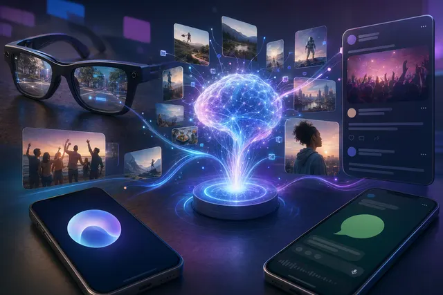 Abstract illustration of Meta AI extending from a phone to smart glasses and social app conversations