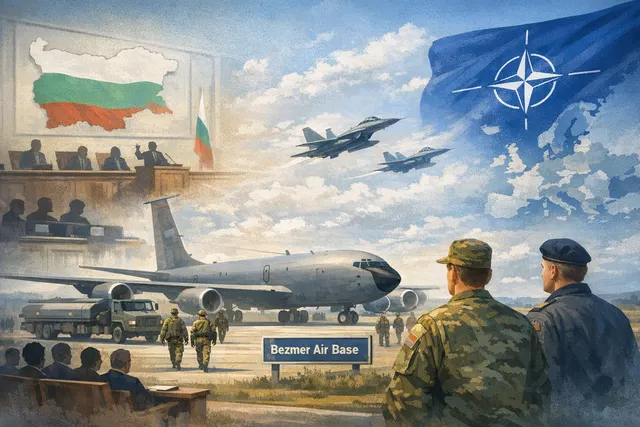AI-generated illustration of military aircraft and geopolitical map representing Bulgaria's July 2026 vote to host US KC-135 tankers at Bezmer Air Base.