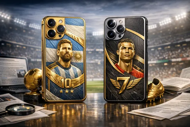 A luxury smartphone featuring a gold-plated cloisonné enamel portrait of Lionel Messi in Argentine national colors, representing Caviar's 'Legends' collection.