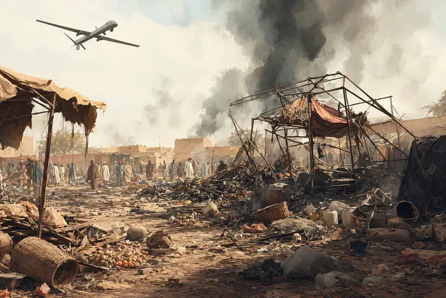 Illustration of a drone strike hitting a crowded market in Sudan amid the ongoing SAF–RSF war