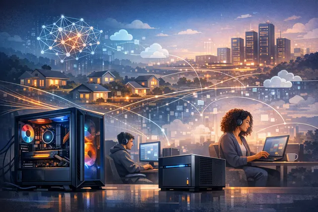 Illustration of idle gaming PCs and home servers connected as a distributed AI inference network