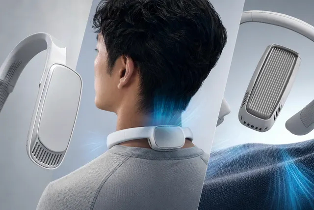 Illustration of a neck-worn wearable cooling device similar to Sony’s REON POCKET PRO Plus