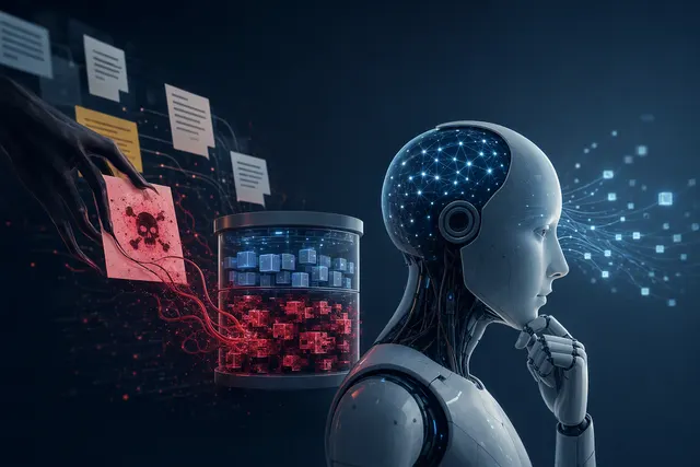 Editorial illustration of persistent AI agent memory as a cybersecurity risk