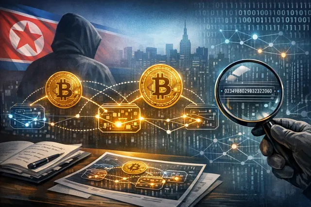 Editorial illustration of Bitcoin moving between unidentified digital wallets in a Lazarus Group investigation
