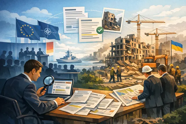 Diplomatic leaders at a security conference with a map of Ukraine in the background, representing the NATO and EU strategy discussions over Ukraine's window of opportunity in June