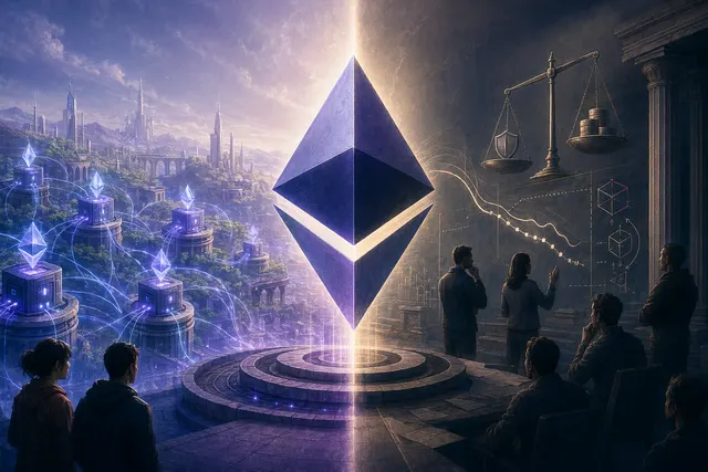 Editorial illustration of Ethereum validators, staking rewards, and the ETH issuance debate