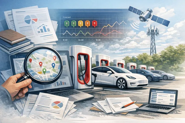 Digital map interface showing Tesla Supercharger station with forecasted stall availability data