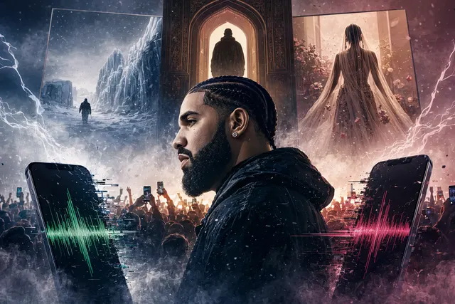 Editorial image representing Drake’s surprise triple‑album release overwhelming music streaming platforms