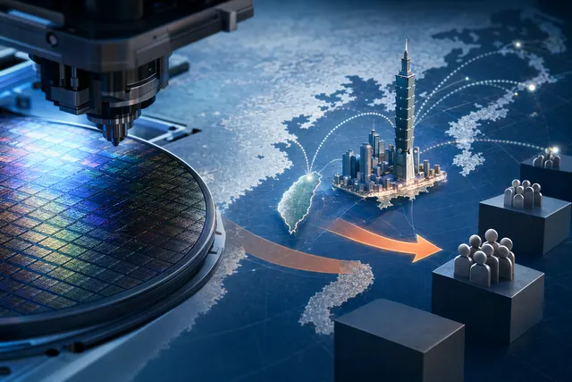 Editorial illustration representing TSMC selling shares in Vanguard International Semiconductor