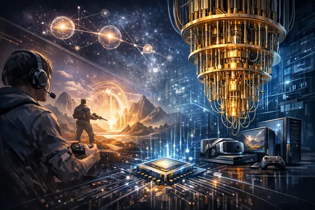 Visualization of Quantum Backrooms, the first consumer game powered by real quantum processing units, showing a player navigating a labyrinth generated by live qubits.