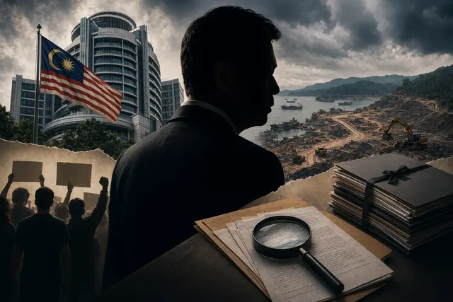 Editorial illustration of Malaysia’s anti-corruption leadership transition with documents, scales of justice and unresolved probes under scrutiny