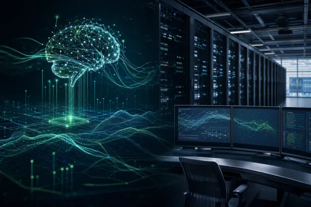Illustration representing AI data center infrastructure monitored by Nvidia Minerva