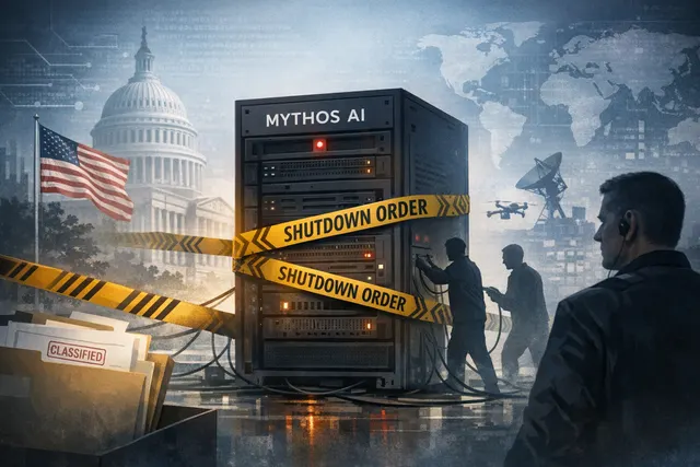 Anthropic Mythos AI model shutdown: a conceptual image of a government directive halting a powerful AI model, with cybersecurity and national security themes.