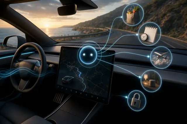 Editorial illustration of Tesla’s in-car Grok Bot voice assistant and connected tasks