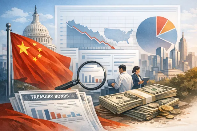 An editorial illustration showing a downward-trending chart of US Treasury holdings with Chinese and American flags in the background, representing China's reduced holdings of US g