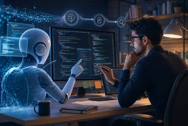 开发者在多屏工作台上使用 AI 编程助手审查代码的概念图