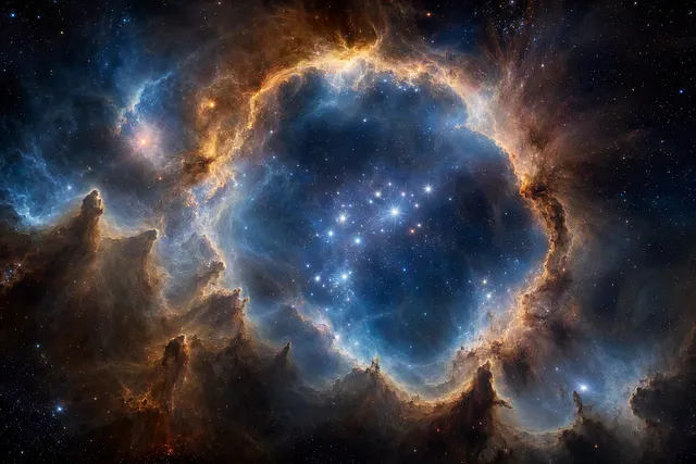AI-generated editorial illustration of the N44 emission nebula and its central superbubble in the Large Magellanic Cloud
