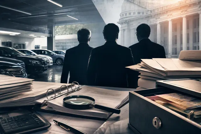 AI-generated editorial illustration accompanying a report on the William’s Auto tax-evasion case