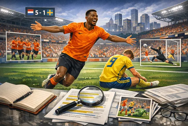 Netherlands players celebrating a goal against Sweden in the 2026 World Cup group stage match at NRG Stadium in Houston