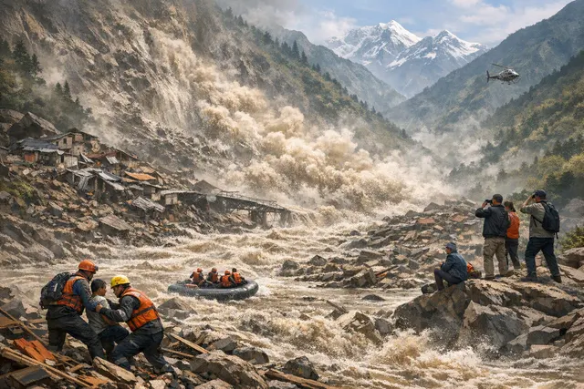 AI-generated editorial illustration of a catastrophic flash flood carrying mud and debris through a Himalayan river valley near the Nepal–Tibet border