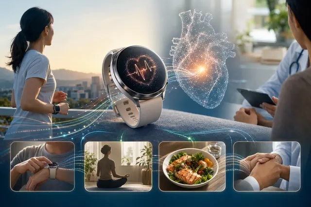 AI-generated illustration accompanying an article about Galaxy Watch heart-health tracking and Samsung Health