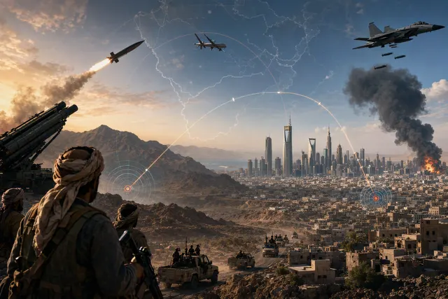 AI-generated editorial illustration accompanying coverage of the Yemen–Saudi escalation and Red Sea shipping risks