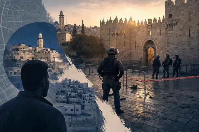 Editorial illustration accompanying reporting on Damascus Gate and the Qusra siege