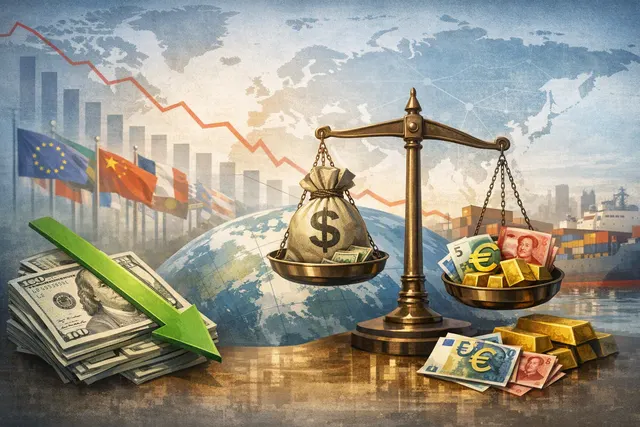 Illustration of the U.S. dollar under pressure from global reserve diversification and shifting currency alliances